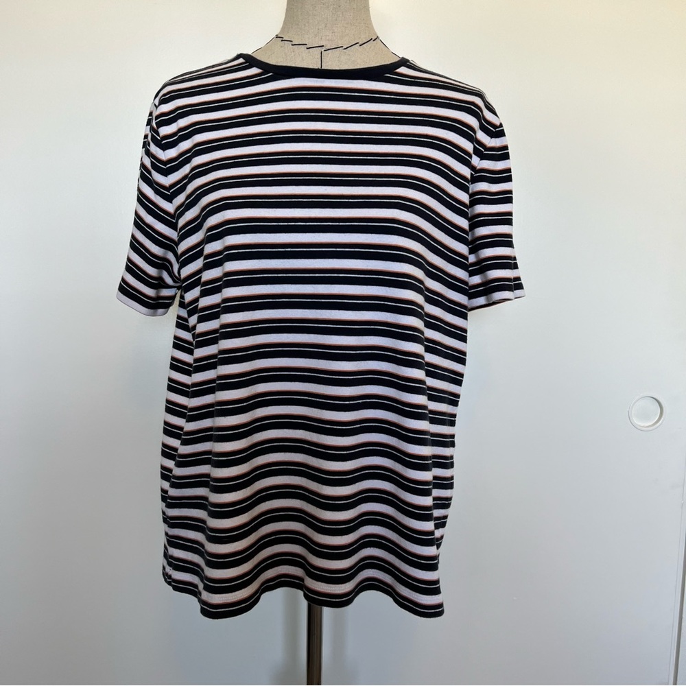 Jones New York dark blue, white, orange striped short sleeve t shirt